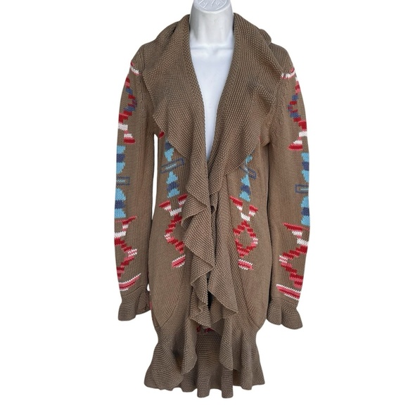 BOSTON PROPER Aztec Ruffle Cardigan S Open Front Longline Southwestern Sweater - Picture 1 of 3